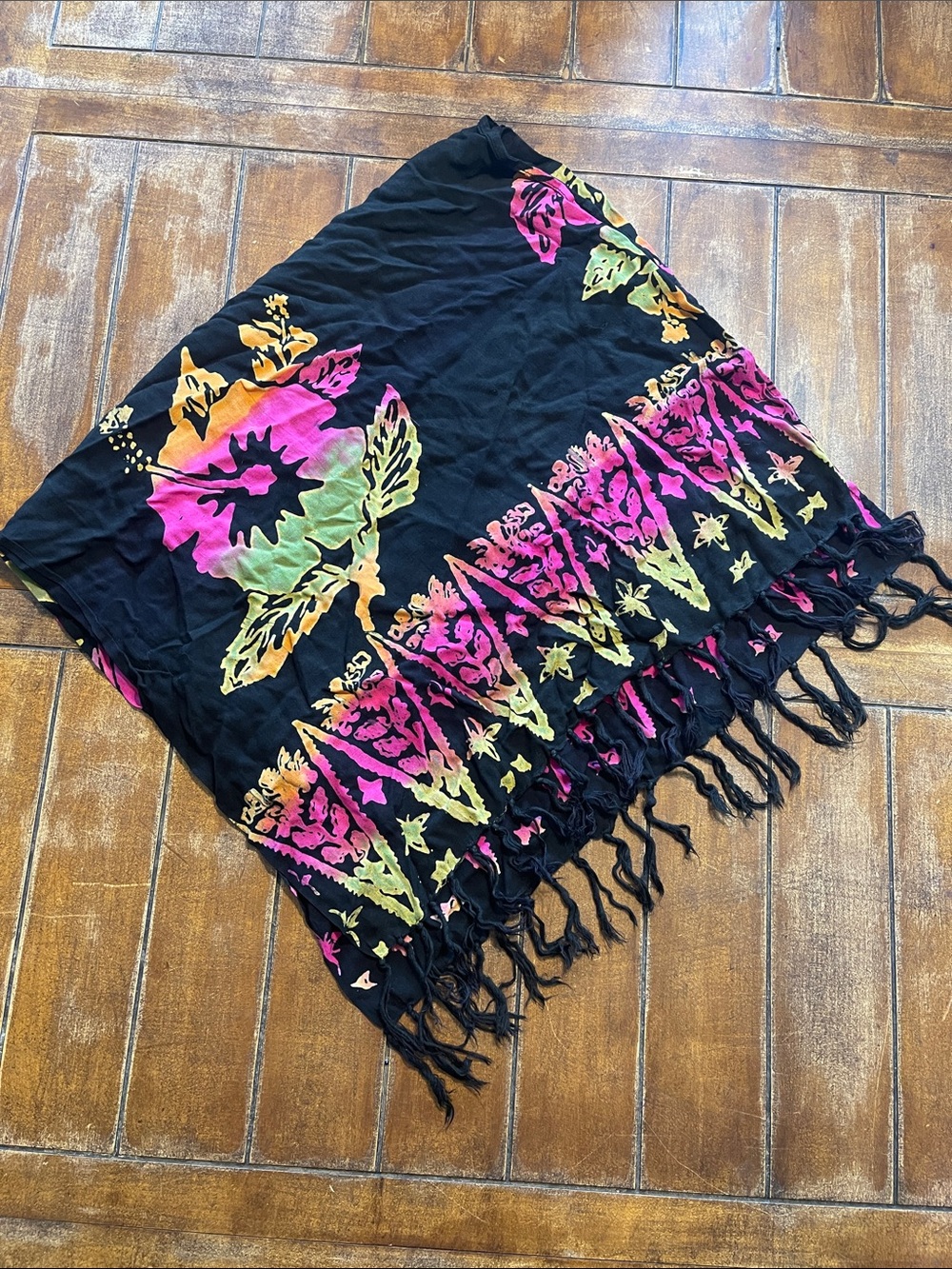Black Floral Fringe Scarf Wrap with Pink & Green Accent